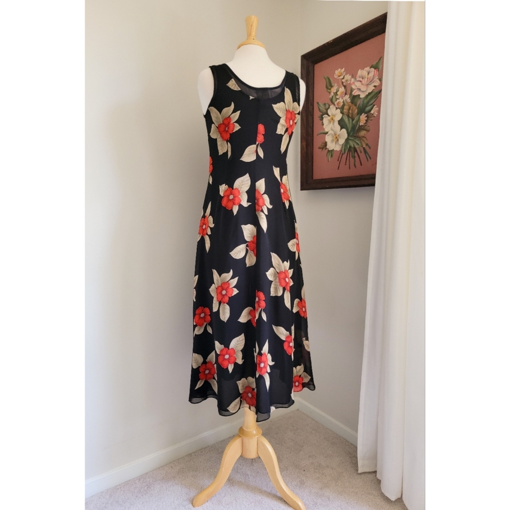 90s Black Floral Silk Scoop Neck 1990s Vintage Fully Lined Sleeveless Midi Dress - Picture 5 of 14